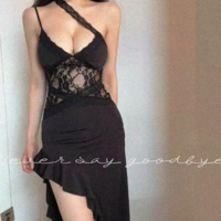 Irregular design lace stitching see-through backless dress - Thumbnail 6