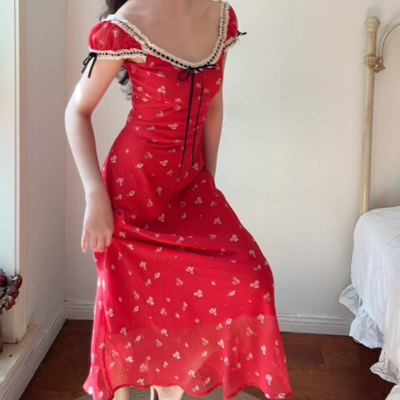 Summer cherry red print retro temperament hip skirt dress