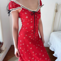 Summer cherry red print retro temperament hip skirt dress - Thumbnail 5