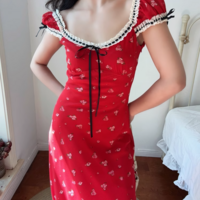 Summer cherry red print retro temperament hip skirt dress - Thumbnail 6