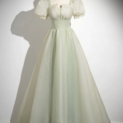 Green tulle long a-line prom party dress - Thumbnail 1