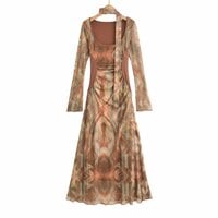 Mesh Printed Ribbon U-Neck Dress - Thumbnail 3