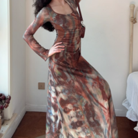 Mesh Printed Ribbon U-Neck Dress - Thumbnail 4