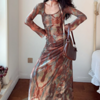 Mesh Printed Ribbon U-Neck Dress - Thumbnail 1