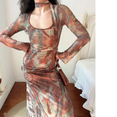 Mesh printed ribbon u-neck dress