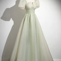 Green Tulle Long A-Line Prom Party Dress - Thumbnail 2
