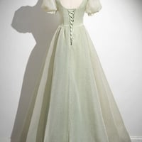 Green Tulle Long A-Line Prom Party Dress - Thumbnail 3