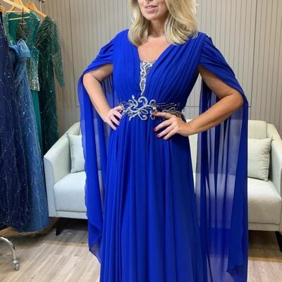 Elegant royal blue chiffon mother of the bride/groom dress evening formal dress