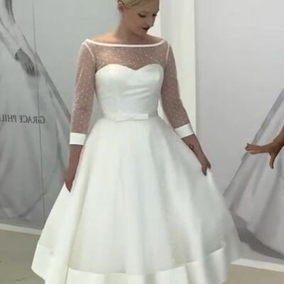 1950s vintage a line polka dots tea-length wedding dress bridal gown wedding gown