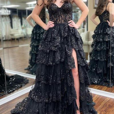 Women's sweetheart lace prom dresses long appliques evening gowns side slit formal party dress,1090