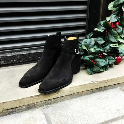 Handmade men black suede leather jodhpur strap dress boot