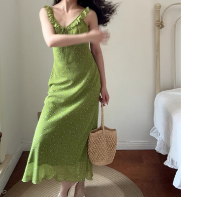 Retro fresh green floral ruffled v-neck waist dress
