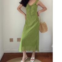 Retro fresh green floral ruffled V-neck waist dress - Thumbnail 4