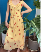 Holiday style casual rose floral print waist fishtail dress - Thumbnail 1