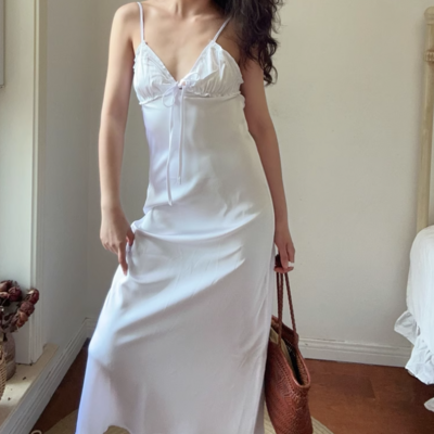 Sexy suspender midi dress with layered embellishments satin