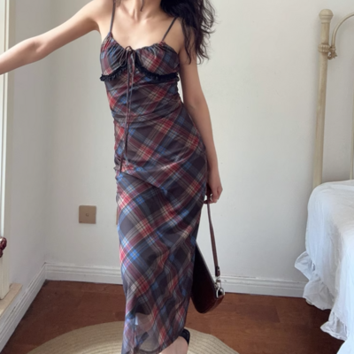 Retro casual plaid drawstring lace patchwork suspender dress