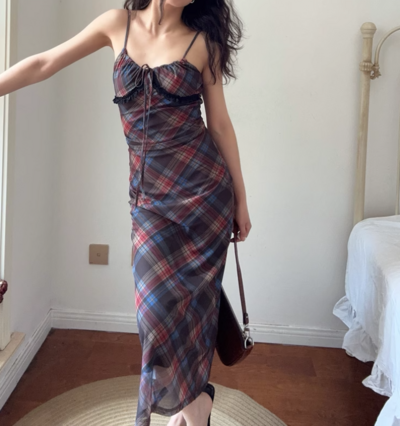 Retro casual plaid drawstring lace patchwork suspender dress