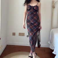 Retro casual plaid drawstring lace patchwork suspender dress - Thumbnail 3