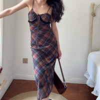 Retro casual plaid drawstring lace patchwork suspender dress - Thumbnail 4