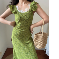 Small fresh stitching lace edge ruffle dress - Thumbnail 4