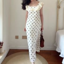 Retro Polka Dot Print Ruffle Square Neck Sleeveless Dress