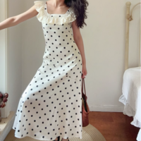 Retro Polka Dot Print Ruffle Square Neck Sleeveless Dress - Thumbnail 3