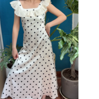 Retro Polka Dot Print Ruffle Square Neck Sleeveless Dress - Thumbnail 4