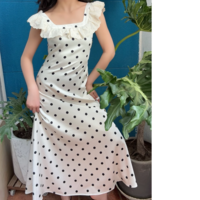 Retro Polka Dot Print Ruffle Square Neck Sleeveless Dress - Thumbnail 5