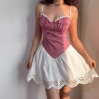 Retro casual plaid lace patchwork slim suspender dress - Thumbnail 6