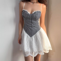 Retro casual plaid lace patchwork slim suspender dress - Thumbnail 6