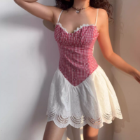 Retro casual plaid lace patchwork slim suspender dress - Thumbnail 7