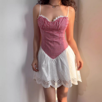 Retro casual plaid lace patchwork slim suspender dress - Thumbnail 8