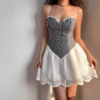 Retro casual plaid lace patchwork slim suspender dress - Thumbnail 7