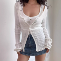 White round neck single breasted long sleeve knitted cardigan - Thumbnail 1