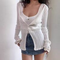 White round neck single breasted long sleeve knitted cardigan - Thumbnail 2