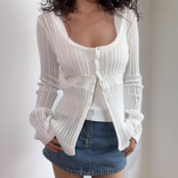 White round neck single breasted long sleeve knitted cardigan - Thumbnail 3