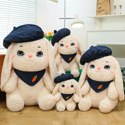 Cute rabbit doll plush toy wearing beret hat
