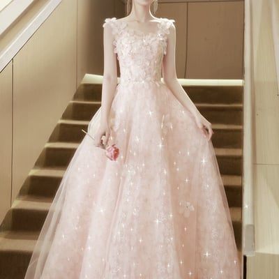 Pink flowers tulle long prom dress, pink evening party dress