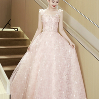 Pink Flowers Tulle Long Prom Dress, Pink Evening Party Dress - Thumbnail 1