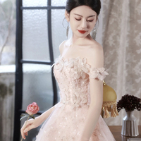 Pink Flowers Tulle Long Prom Dress, Pink Evening Party Dress - Thumbnail 4