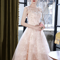 Pink Flowers Tulle Long Prom Dress, Pink Evening Party Dress - Thumbnail 5
