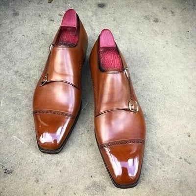 Handmade men brown leather double monk strap dress shoes - Thumbnail 2