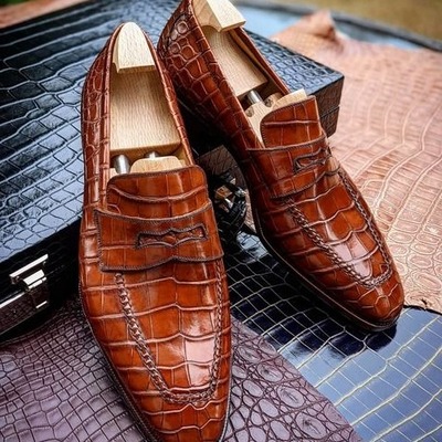  handmade men brown crocodile leather moccasin loafers alligator formal dress shoes - Thumbnail 3