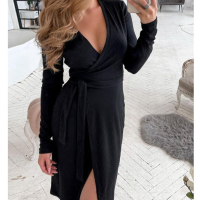 Sexy black v-neck long sleeve dress - Thumbnail 1