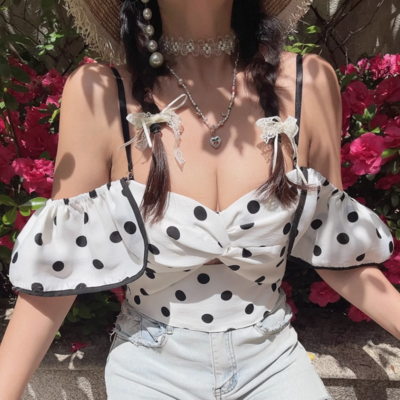Retro black and white polka dot ruffled top with suspenders