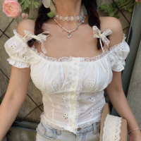 Embroidered hollow lace patchwork white top - Thumbnail 4