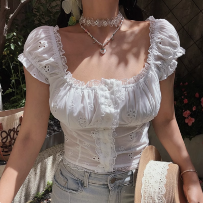Embroidered hollow lace patchwork white top