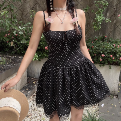 Sexy polka dot lace bowknot suspender dress