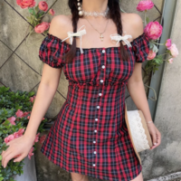 Farm Style One Shoulder Lace Short Sleeve Waist A-Line Dress - Thumbnail 1