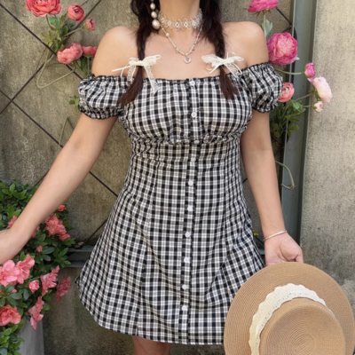 Farm Style One Shoulder Lace Short Sleeve Waist A-Line Dress